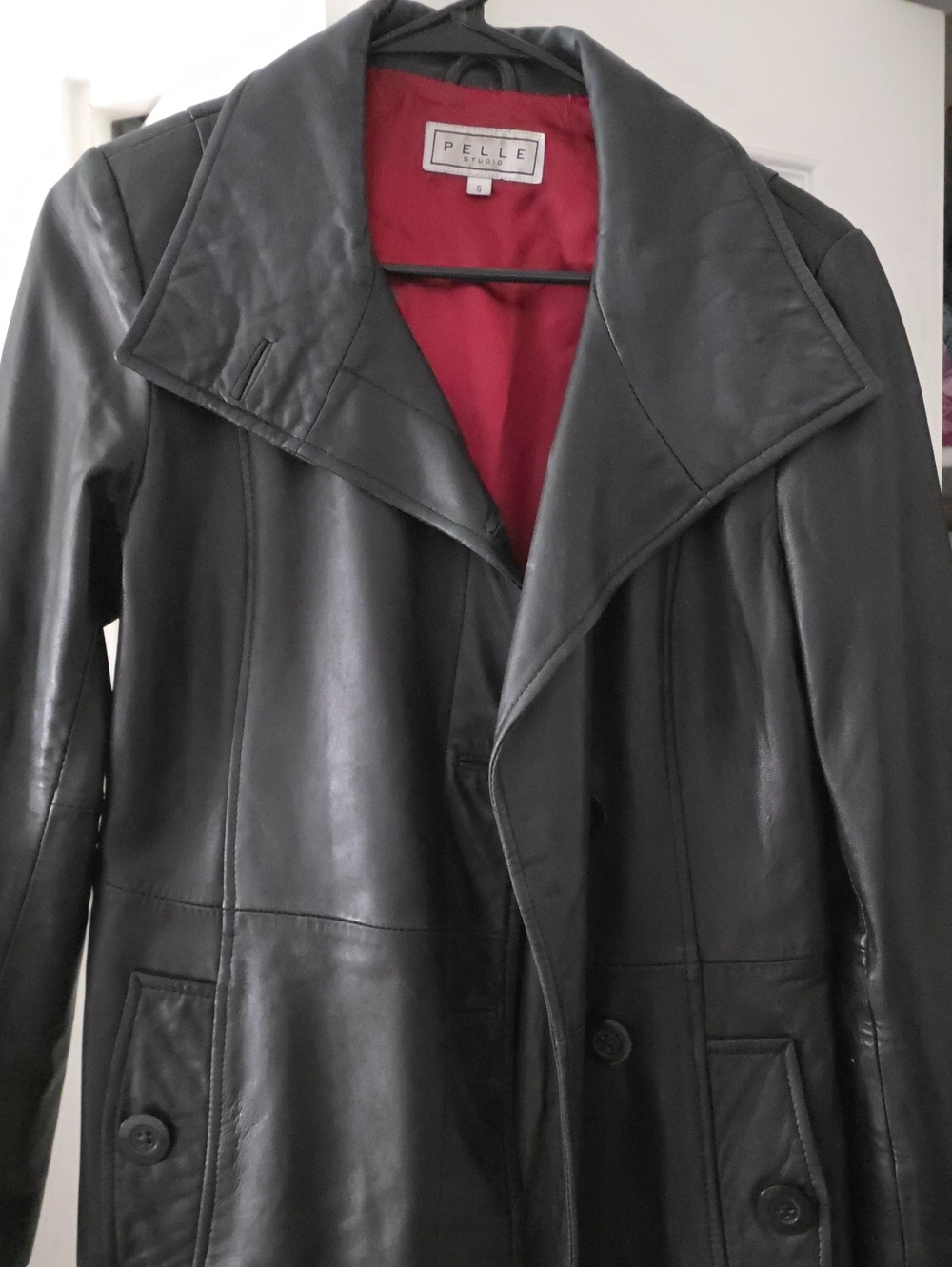 Pelle Black Leather Coat with Red Lining